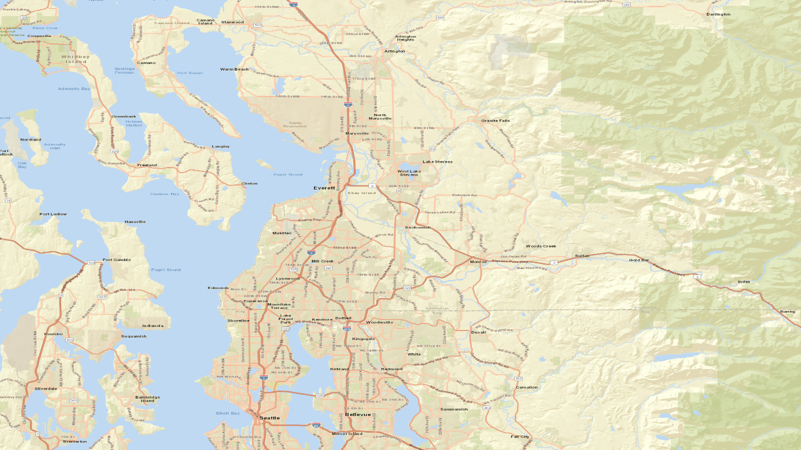 Street map of King County and Snohomish County highlighting Seattle, Bellevue, Kirkland, Bothell, Lynnwood, and Lake Stevens