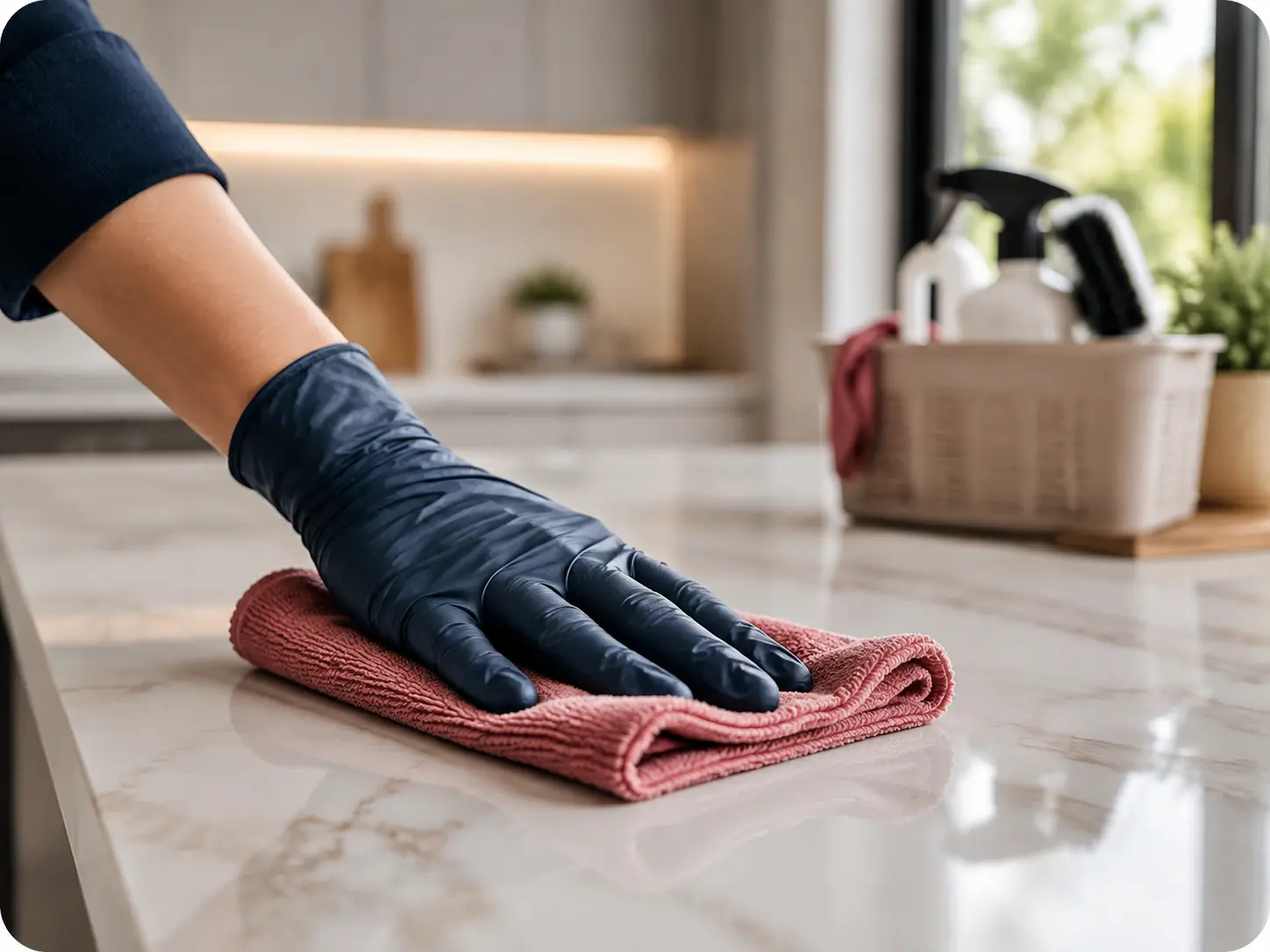A professional cleaner carefully wiping a kitchen countertop
