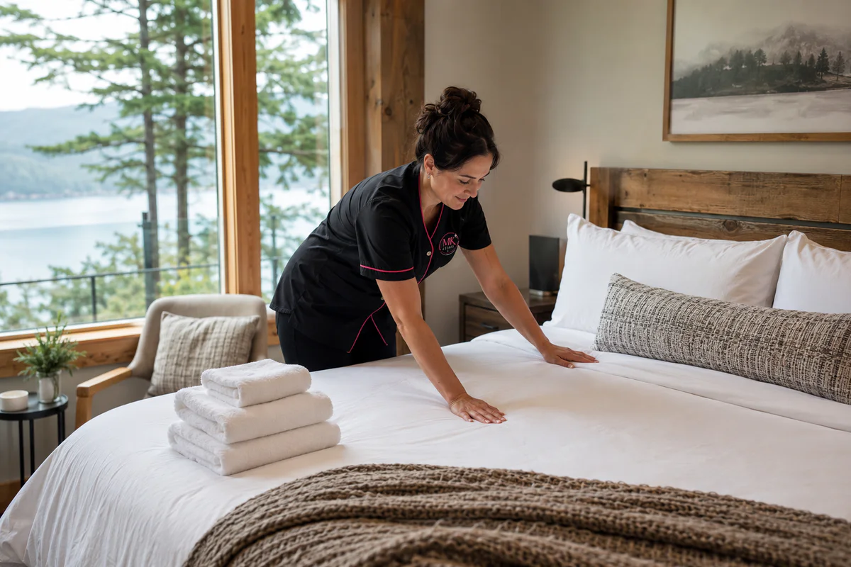 MK Cleaning professional preparing a vacation rental bedroom for guests