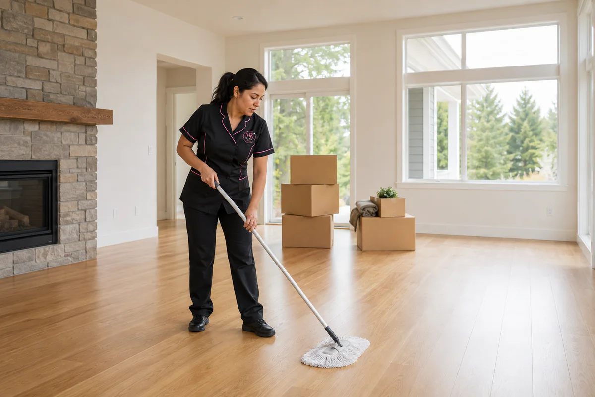 MK Cleaning professional mopping an empty home for move-in or move-out cleaning