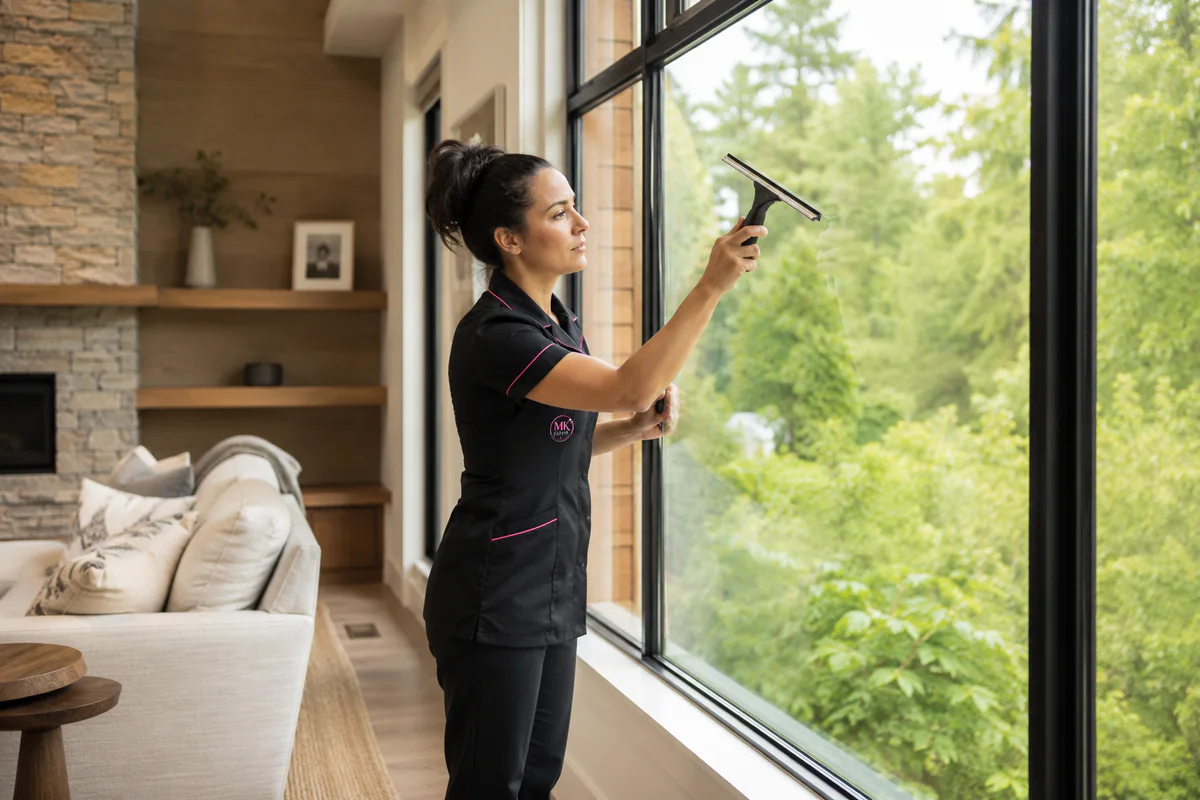 MK Cleaning professional cleaning a large residential window